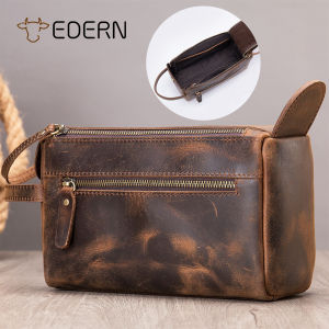 EDERN กระเป๋าคลัทช์หนังม้าบ้าผู้ชายกระเป๋าเครื่องสำอางย้อนยุคความจุขนาดใหญ่กระเป๋าถือสำหรับผู้ชายกระเป๋าเดินทางแป้งหนังแท้กระเป๋าถุงเก็บของ