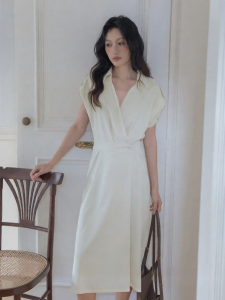 Summer New Design Sensation Womens Short Sleeve Midi Dress Apricot V-Neck Stand Collar Dress Casual Style A-Line Skirt