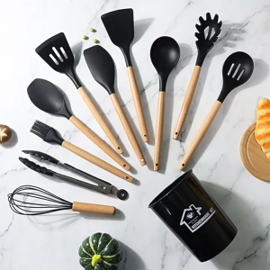 12-Piece High-Temp Silicone Kitchen Utensil Set with Wooden Handles  Cooking Tool Set Kitchen Cookware Set Silicone Turner Spatula Spoon Food Clip Household Kitchen Accessories Set