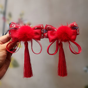 Red Fox Fur Hair Clips for Girls Childrens Festive Ball Tassel Double Pronged Princess Hair Accessories Baby Hanfu Hair Cards