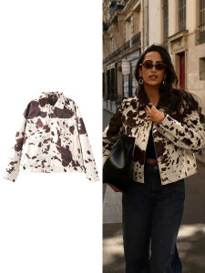 Womens Fashion Printed Lapel Jacket Casual Short Long Sleeve Patch Pocket Jacket High Street Commuter Autumn Jacket