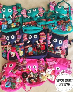 กระเป๋าสะพายไหล่เดี่ยวลายช้างไทยการ์ตูนเด็กกระเป๋าเดินทางขนาดเล็กพร้อมตัวตีนตุ๊กแกและซับในผ้าฝ้าย