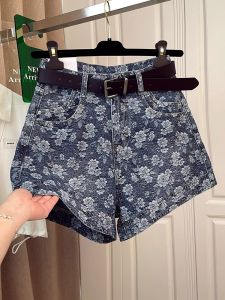 Embroidered Printed Denim Shorts Womens Summer High Waist Wide Leg Hot Pants A-Line Straight Cut Resistant Washed Casual Jeans