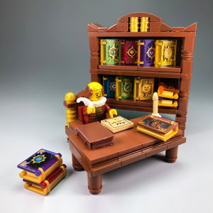 Domestic Small Particle Assembly Building Blocks Classic Bookshelf Desk Chair Magic Book Retro Indoor Decoration Room Study Scene