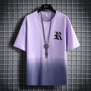 ROMON | Lomond Mens Summer Thin Gradient Loose Casual Round Neck Short Sleeve Ice Silk T-shirt Fashion Urban Style Cotton Polyester Blend