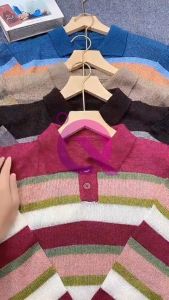 QIE GAYA atasan Sweater rajut kerah kancing polo motif fruity stripe garis kombinasi debora