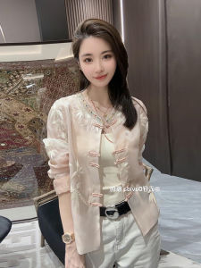 เสื้อเชิ้ตผู้หญิงแขนยาวปักลายสไตล์จีนใหม่ ฤดูใบไม้ร่วง 2024 ดีไซน์หรูหรา เสื้อเชิ้ตคอวีทรงหลวมสบาย ๆ