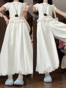 Quần Ống Rộng Bằng Lụa Băng Màu Trắng Cạp Cao Cho Nữ Mùa Hè 2025 Phong Cách Mới Rộng Rãi Váy Rộng Quần Ống Rộng Quần Ống Rộng