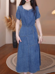Summer New Style Womens Denim Dress Thin High Waist A-Line Skirt Casual Luxury Sensation Short Sleeve Mid-Length Dress
