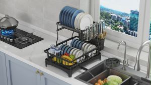 Dish Drying Kitchen Rack Bowls Knife Fork Organizer Pot Lid Kitchen Counter Utensils Storage Holders Rack Tableware Drainboard Adjustable With Drainer Plate Drying Storage