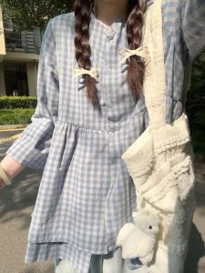 เสื้อเชิ้ตแขนยาวลายสก็อตสไตล์ญี่ปุ่นสำหรับสาวๆ ฤดูใบไม้ร่วงปี 2025 ดีไซน์ย้อนยุค เสื้อเชิ้ตคอตตอนสไตล์เกาหลีหลวมๆ