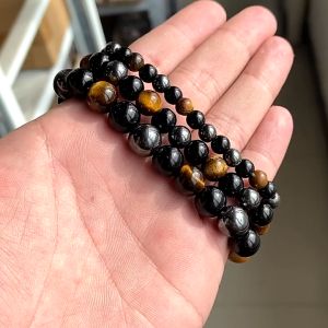 Natural Black Agates with Single Red Tiger Eye Stone Bead Bracelet for Men Gifts 6 8 10 12 MM Round Onyx Elastic Rope Bracelets