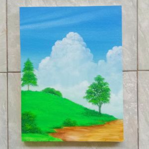 Lukisan Kanvas Canvas Hiasan Pajangan Dekorasi Dinding Pemandangan Ruang Tamu Kamar Rumah Minimalis Aesthetic Handmade Asli Hasil Tangan Motif Sawah Kuning Ukuran 30x40cm