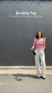 TheBlueTshirt - Áo cánh tiên caro kiểu nhún ôm viền zigzag lace cho nữ - Girly Top