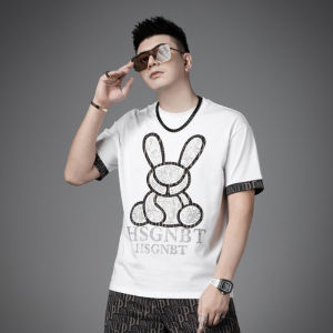 Trendy Rabbit Print Short Sleeve Mens T-shirt Loose Fit round Neck Casual Top for Youth Spring Summer Fashionable Cotton Blend
