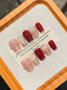 Red Plaid Short Wearable Nail Art Bright Color Series Fashionable Steel Ball Glitter Knitted Wearable False Nails Chinese New Year