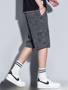 Summer Mens Denim Shorts Thin Loose Elastic Seven-Pocket Workwear Mid-Waist Straight Leg Business Casual Cotton Blend