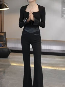 Black High Waist Bell Bottom Pants Slimming Design Autumn New Style Fashionable Womens Long Sleeve Silk Blend Straight Leg Trousers