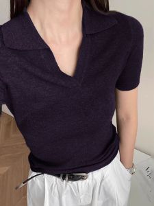 Áo Thun Cổ Polo Màu Tím Cổ Điển Phong Cách Hong Kong Áo Thun Ngắn Cổ Chữ V Dệt Kim Ôm Vừa Vặn Cho Nữ Mùa Hè