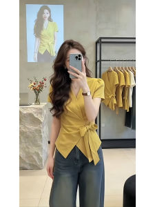 Shalldoer | Korean Minimalist Style Elegant Slim Short Sleeve Shirt with Irregular Belt Design