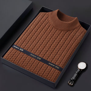 Lormen Mens Thickened Mid-Neck Pure Cotton Sweater Half-High Collar Knitted Winter Fashion Casual Long Sleeve T-Shirt