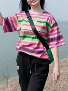 UYFY | Colorful Striped Short Sleeve T-Shirt Women Base Layer Meat Conceal Thin Show Summer New Plus Size Fat MM Large Code Top