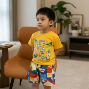 Boys’ Superhero Cartoon Top + House Print Shorts Set (Ages 2–7)