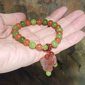 Gegegems Creation 8mm Canada apple green Nephrite with Jiu Kou Nan Hong and Yanyuan Agate bracelet [Natural Crystal] 精品加拿大和田玉苹果绿碧玉九口南红盐源玛瑙手链