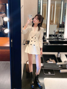 Womens Suit Dress A-Line Waist Cinching Bubble Sleeve Double Button High-End Design Sensation White Suit Skirt Commute Style