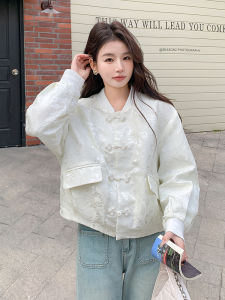 New Chinese Style Pearl Button Embroidered Baseball Jacket Short Outerwear Womens Spring Autumn New Model round Neck Long Sleeve