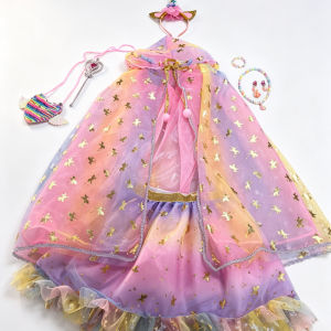 Pastel Fantasy Princess Role Play Kit Girls Rainbow Mesh Cape Layered Tutu Skirt Unicorn Horn Headband Gem Scepter Jewelry Set