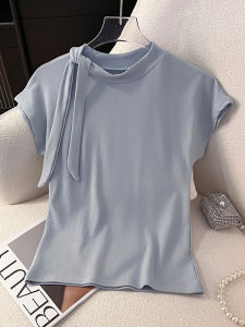 เสื้อยืดแขนสั้นผู้หญิงทรงเข้ารูปคอกลมคอกลมฤดูร้อนเสื้อผ้าทํางานลําลองพร้อมรายละเอียดแบบผูกเชือก