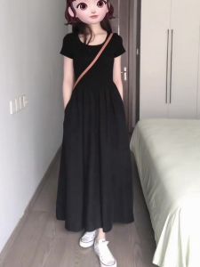 PAIBOLI | Black Hepburn Style Womens Dress Short Sleeve Waist-Cinching Slimming Long Gown Elegant Summer High-End Sensation Ladylike