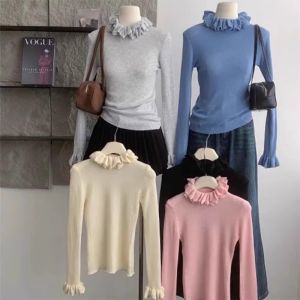 YUEZHONGWEI | French Lace Collar Long Sleeve Slim Fit Knit Base Layer Top
