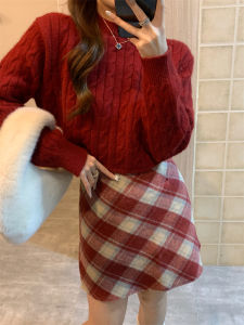 Áo Len Dệt Kim Màu Đỏ Tròn Cổ Ngắn Dáng Rộng Cho Nữ Mùa Thu Đông Áo Len Cardigan Cổ Tròn Mềm Mại Thoải Mái Cho Lễ Hội Năm Mới