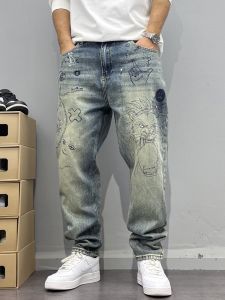 Quần Jeans Denim in Hình Phong Cách Đường Phố Cổ Điển Mỹ Quần Ống Thẳng Rộng Cạp Cao Thời Trang Đường Phố Quần Jeans Nam