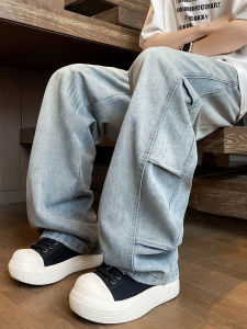 Summer Thin American Straight Leg Drawstring Jeans Men Loose Trendy Vintage Wash Casual Wide Leg Pants for Teen Boys