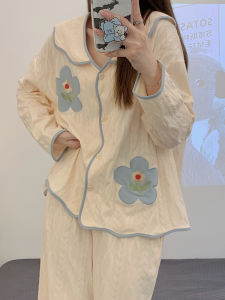 ชุดนอนผู้หญิงแขนยาวผ้าฝ้ายลายดอกไม้สีน้ำเงิน ชุดอยู่บ้านฤดูใบไม้ผลิฤดูใบไม้ร่วงฤดูหนาว เสื้อคลุมคาร์ดิแกน ชุดนอนหวานๆ แฟชั่นโซเชียล