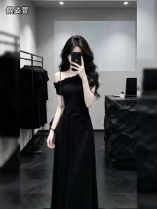 PEIZIXUAN | French Hepburn Style Black Off-shoulder Dress