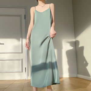 Women Summer French Satin Face Slip Dress Long Dress Coat Lining Vest Dress Base Dress Sleeveless Inner Match Casual Dress