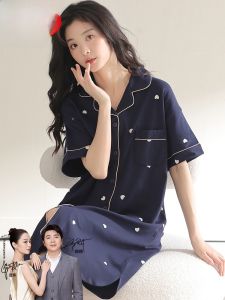 Langsha Nightdress Womens Pajamas Summer Cotton Short Sleeve Thin Cardigan Long Shirt Plus Size Can Be Outerwear Dress