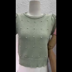FRAN Korean Short Sleeved Knitted Top Summer Round Necked Pearl T-shirt Women Casual Blouse