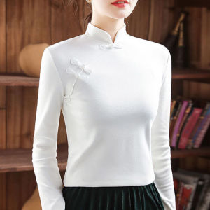 Nhung Hai Mặt Phong Cách Trung Quốc Cải Tiến Sườn Xám Áo Sơ Mi Cơ Sở Nữ Cổ Đứng Cài Nút Mùa Thu Mùa Đông Mặc Bên Trong Áo