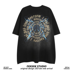 Fxk Original American Fashion Brand Washed Spray Painting Distressed Print Fashion Brand Short Sleeve T-shirt Male Summer Half Sleeve Top Ins