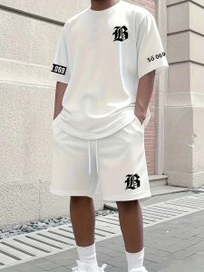 Bộ Thời Trang Nam Mùa Hè Với Áo Thun In Chữ Và Quần Short Ngắn Tay Thể Thao Ngoài Trời Co-ords Polyester Dệt Kim
