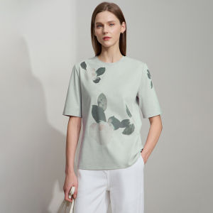 Amii Summer New round Neck Floral Print Antibacterial Short Sleeve Casual Womens T-Shirt Elastic Straight Cut Cotton Blend Top
