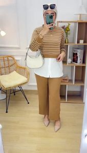 Setelan Wanita Muslim Kaos Knit Rajut Import Salur Terbaru Termurah COD