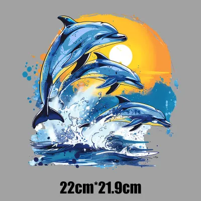 2PCS 22cm Cartoon Fish Dolphins Whales Ironing Heat Transfer Stickers Clothes Vinyl Hot Stickers Fashion DIY Clothing Stickers