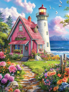 Huacan Full Square Round Drill Diamond Painting Seaside Lighthouse Pink Cabin Diamond Mosaic Landscape Set Home Decoration