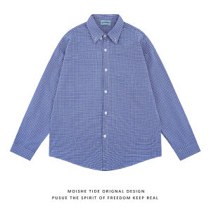 เสื้อเชิ้ตแขนยาวลายสก็อตสีน้ำเงินสไตล์ย้อนยุค MOISHE TIDE สำหรับผู้ชาย สวมใส่สบาย สไตล์ลำลอง ทรงหลวม แจ็คเก็ตเสื้อผ้ากันหนาว